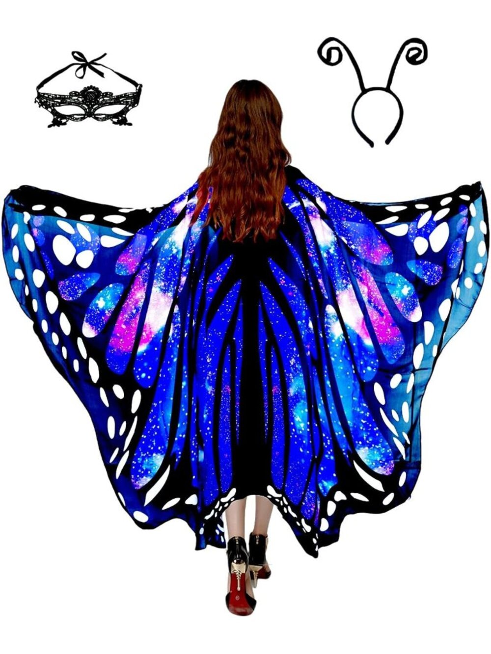 Women's Adult Butterfly Costume Monarch Butterfly Wing Cape 3Pcs Mask Halloween0